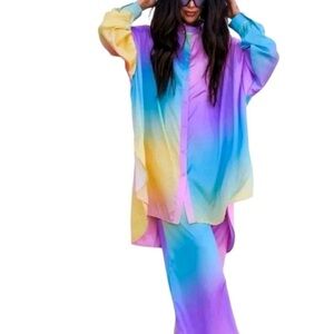 Dressed in LALA Satin Playsuit in Pastel Rainbow Daydream Oversized Small S New